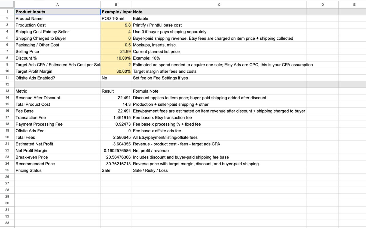 Product Inputs tab of the Etsy POD Pricing Workbook with product cost, shipping, and pricing assumptions.
