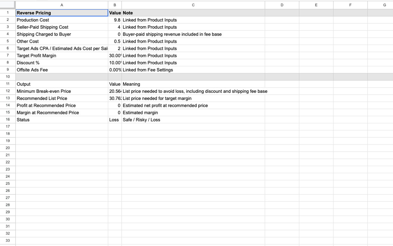 Reverse Pricing tab of the Etsy POD Pricing Workbook for target margin and scenario testing.